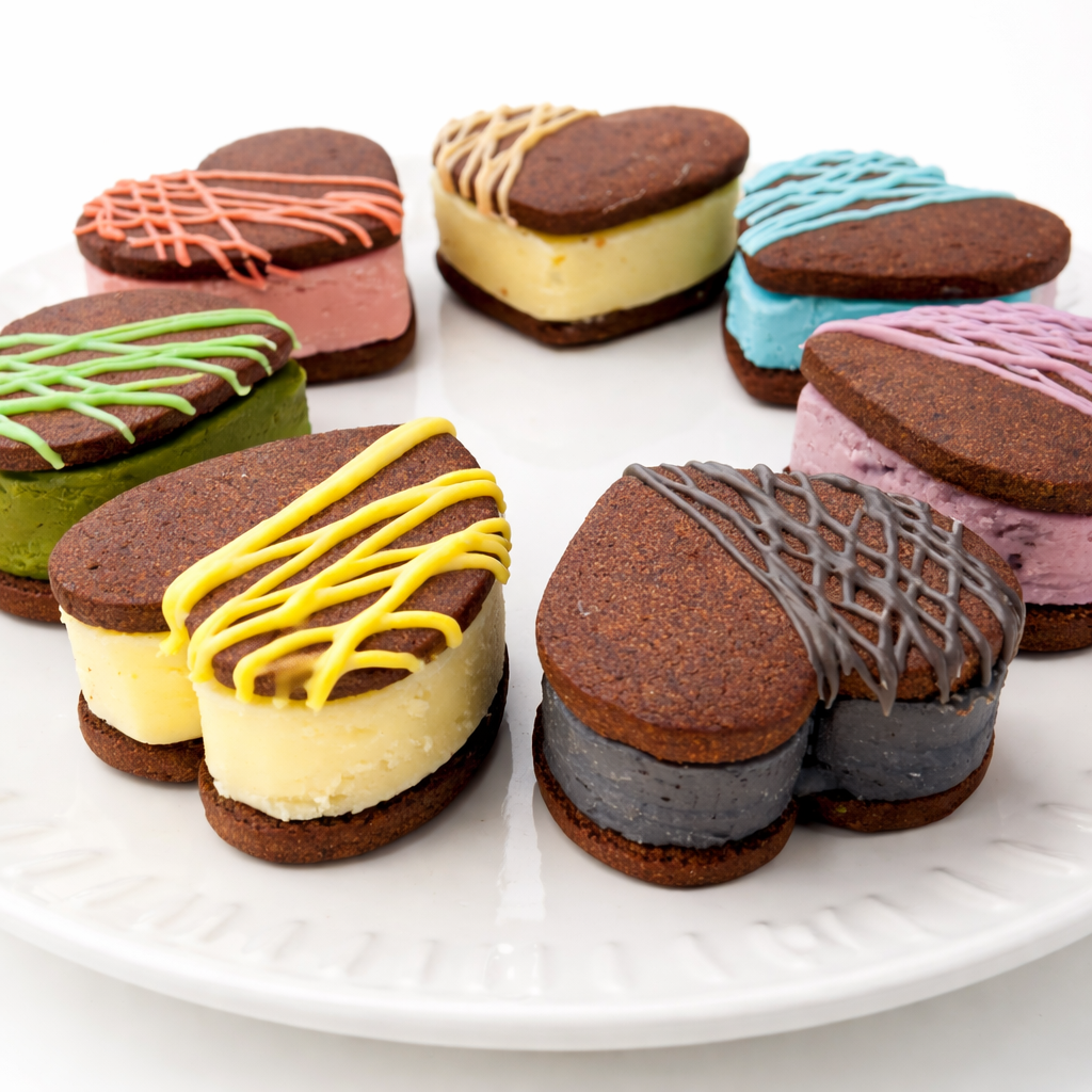 カラフルな7色のチョコレートチーズケーキが並ぶ、熊本土産に人気のハート型スイーツ詰め合わせイメージ