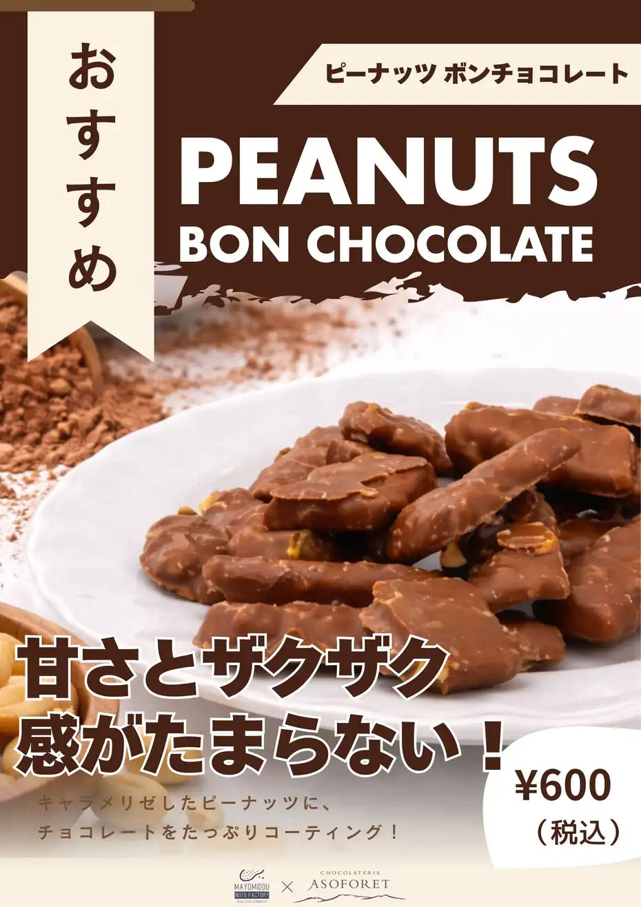 キャラメリゼしたピーナッツをチョコレートでコーティングした「PEANUTS BON CHOCOLATE」の商品ビジュアル。ザクザク食感と濃厚な甘さが特徴のチョコレート菓子で、税込600円の価格を掲載したおすすめ商品の広告画像。