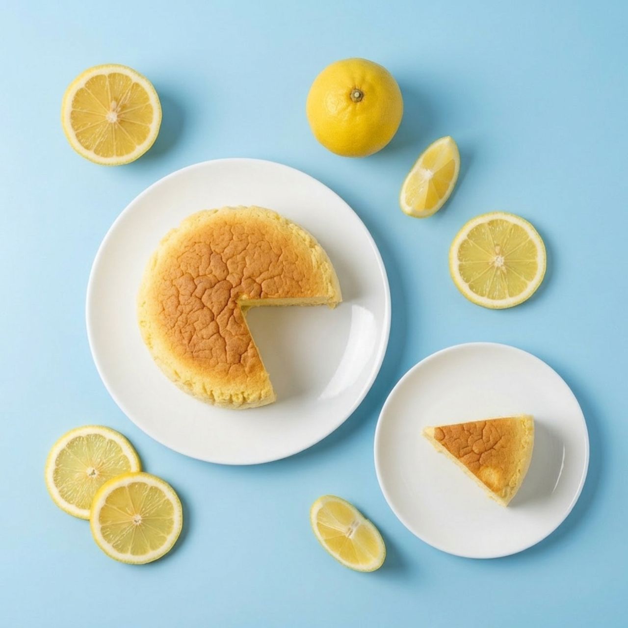 レモンとチーズケーキが並ぶ爽やかなブルー背景のレモンバスレのビジュアル