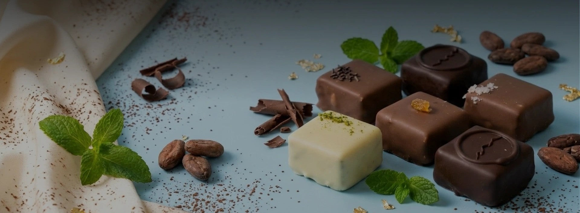 上品なボンボンショコラを並べたチョコレートアソートビジュアル。ミントやカカオ豆、チョコレートを添え、高級感と繊細な味わいを表現したショコラブランドのプロモーション画像。